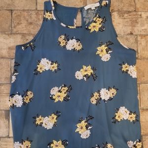 Loft Mixed Media Tank Blouse Size Medium M White Teal Floral Print